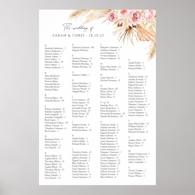 Poster Carte mariage alphabétique des sièges Boho Floral (Devant)
