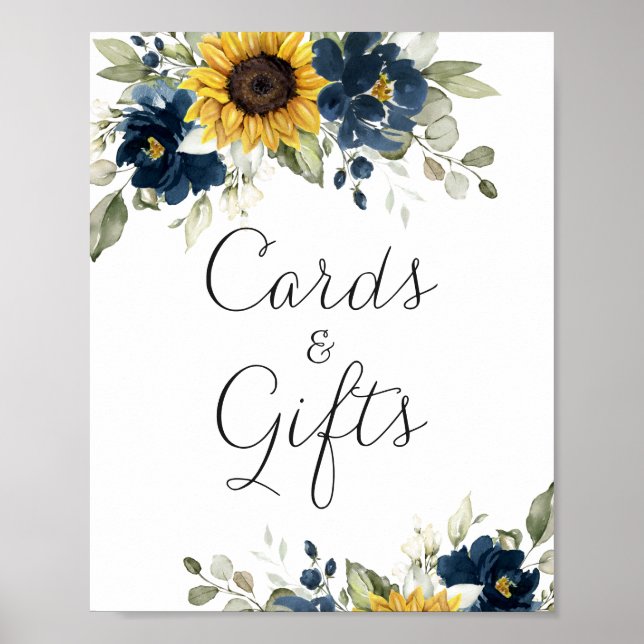 Poster Carte Mariage bleu Sunflowers Navy (Devant)