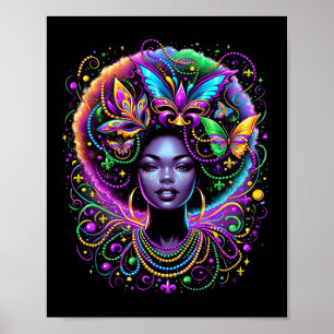 Poster Carte Masque de perles de papillon afro-Queen noir