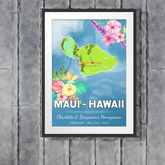Poster Carte Maui Hawaii Romantic Honeymoon Vacances (Maui Hawaii Map Honeymoon Vacation Poster - Sketch Mockup)