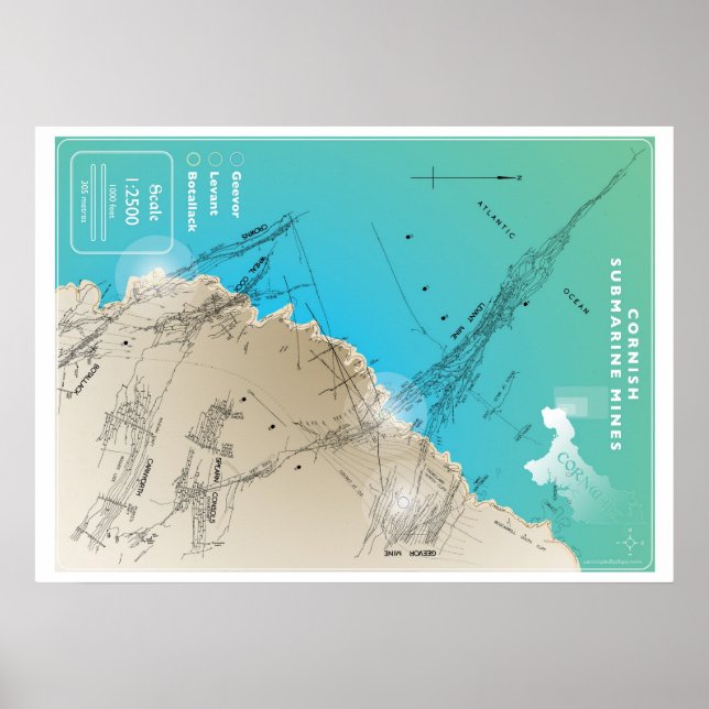 Poster Carte minière sous-marine Cornish (Devant)