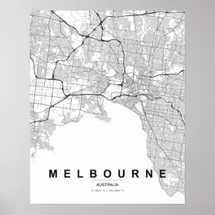Poster Carte minimaliste de Melbourne (Noir & Blanc)