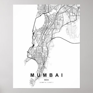 Poster Carte minimaliste de Mumbai (Noir & Blanc)