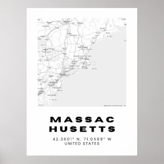 Poster Carte minimaliste Massachusetts Art - noir et blan