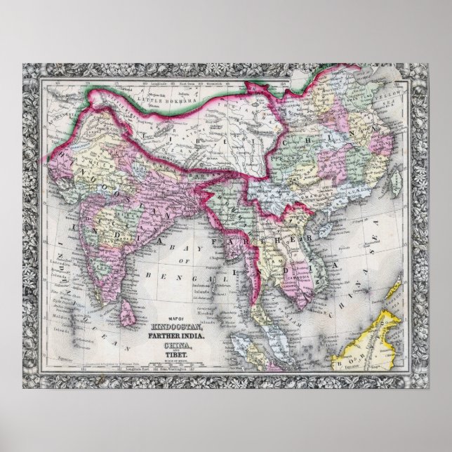 Poster Carte Mitchell | Inde, Tibet, Chine et SE Asie (Devant)