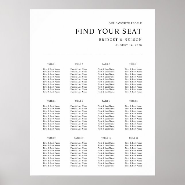 Poster Carte moderne de siège de réception de mariage (Devant)