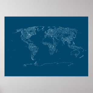 Poster Carte mondiale des grands cours d'eau, lacs et lig