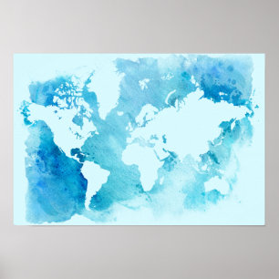 Poster Carte Mondiale En Aquarelle Blues
