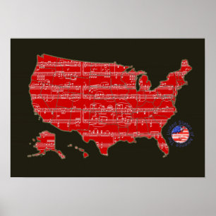Poster carte musique-notes rouge/noir u.s.a.