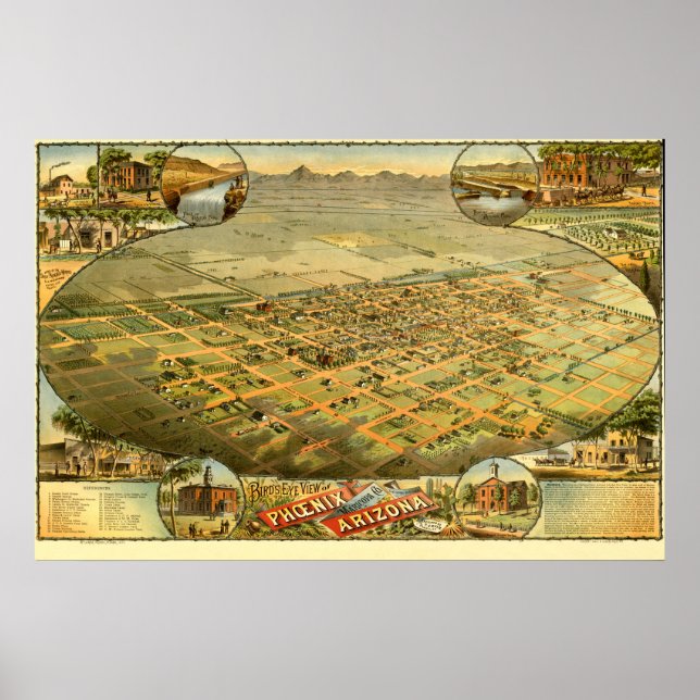 Poster Carte Oiseau de Phoenix, Arizona en 1885 (Devant)
