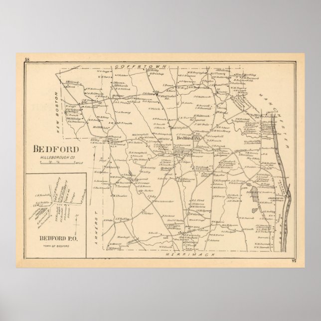 Poster Carte Old Bedford NH (1892) (Devant)