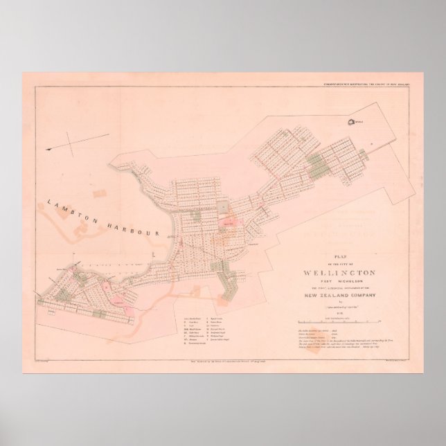 Poster Carte Old Wellington NZ (1841) Nouvelle-Zélande Vi (Devant)
