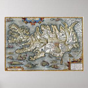Poster Carte Ortelius Islandia avec Monstres de mer Impri