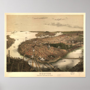 Poster Carte panoramique antique de Boston le
