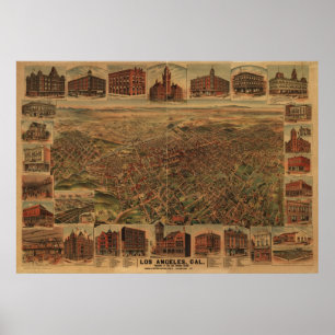 Poster Carte panoramique antique de Los Angeles la