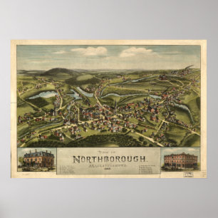 Poster Carte panoramique antique de Massachusetts 1887 de