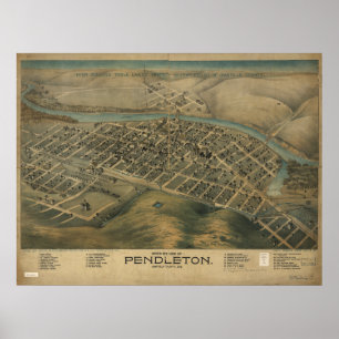 Poster Carte panoramique antique de Pendleton Orégon 1890