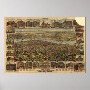Poster Carte panoramique antique de Portland Orégon 1890