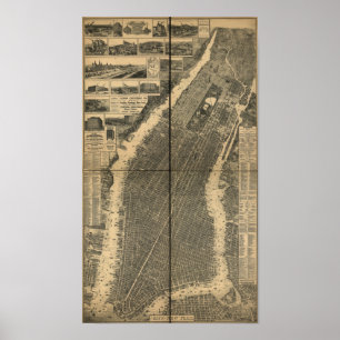Poster Carte panoramique antique de ville de New-York