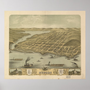 Poster Carte panoramique antique de WI 1870 du Hudson