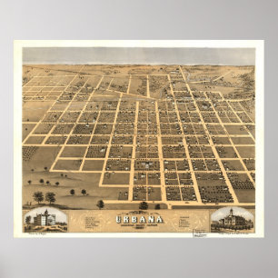 Poster Carte panoramique antique d'Urbana l'Illinois 1869