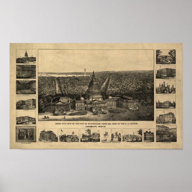 Poster Carte panoramique antique Washington DC 1860 (Devant)