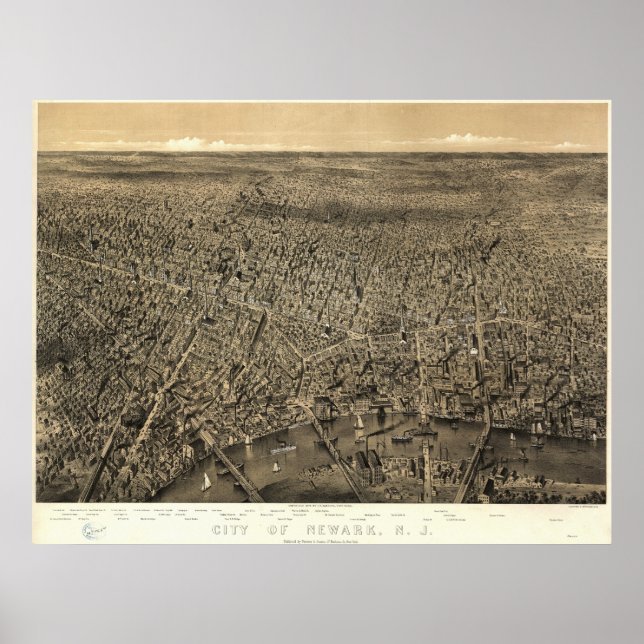 Poster Carte panoramique de Newark New Jersey 1874 (Devant)