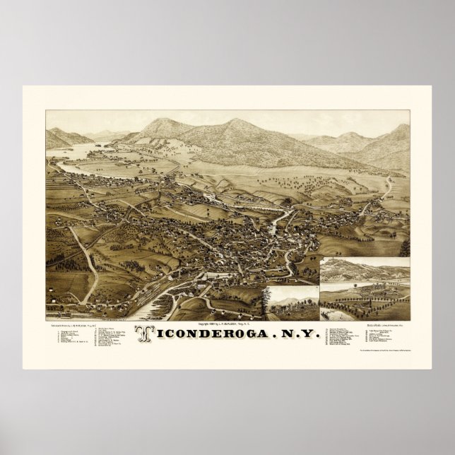 Poster Carte panoramique de Ticondéroga, NY - 1884 (Devant)