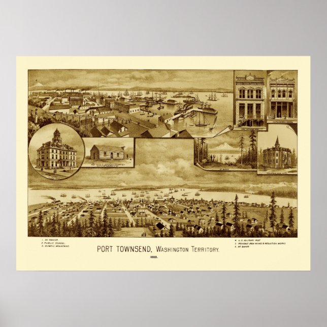 Poster Carte panoramique Port Townsend Washington 1888 (Devant)