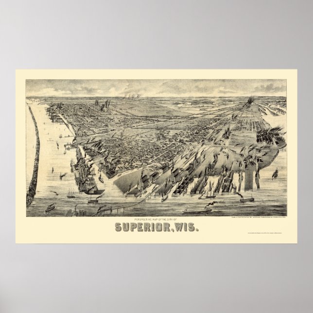 Poster Carte panoramique Superior, WI - 1890 (Devant)