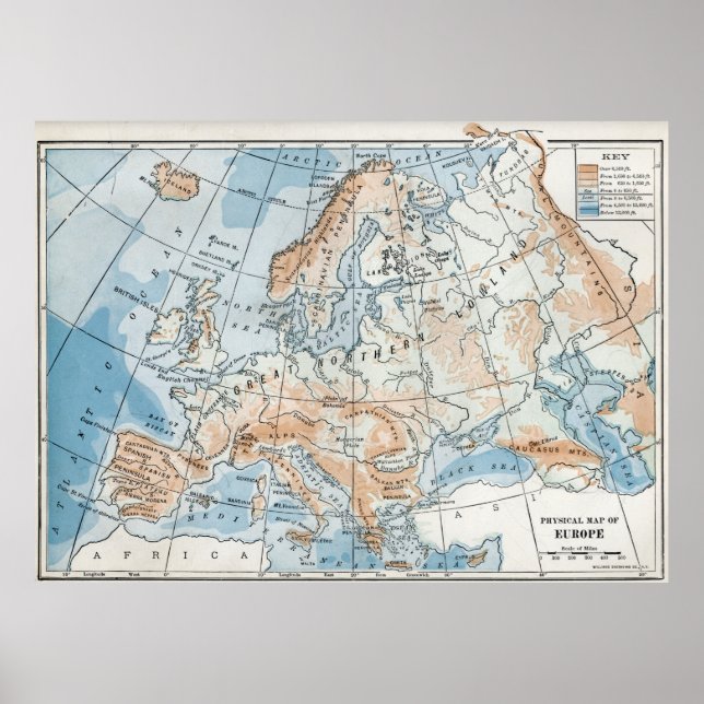 Poster Carte physique de l'Europe (1916) (Devant)