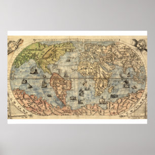 Poster Carte picturale antique du monde 1565 Ferando Bert