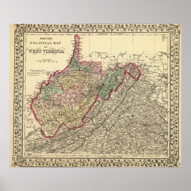 Poster Carte politique de la Virginie-Occidentale (Devant)