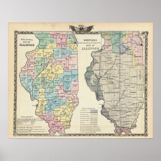 Poster Carte politique de l'Illinois (Devant)