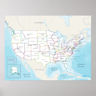 Poster Carte politique des États-Unis avec les capitales.