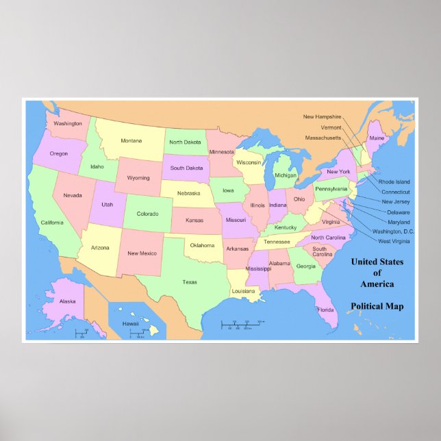 Poster Carte politique des États-Unis d'Amérique (Devant)