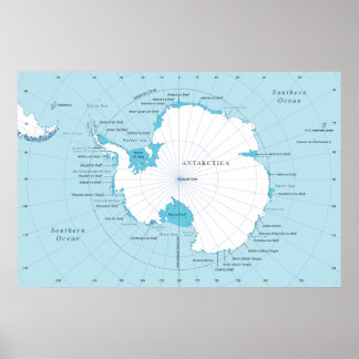 Poster Carte politique du continent de l'Antarctique.