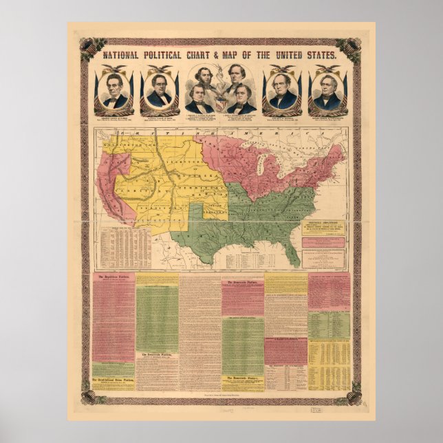 Poster Carte politique nationale des États-Unis (1860) (Devant)