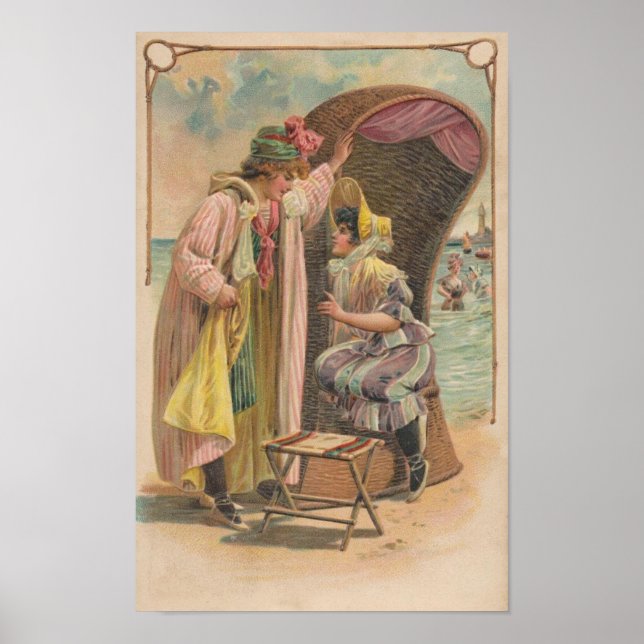 Poster Carte postale 1909. Vacances Plage. Style maillot  (Devant)