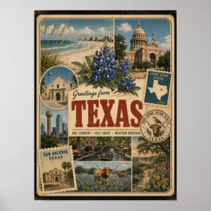 Poster Carte postale de style vintage authentique du Texa