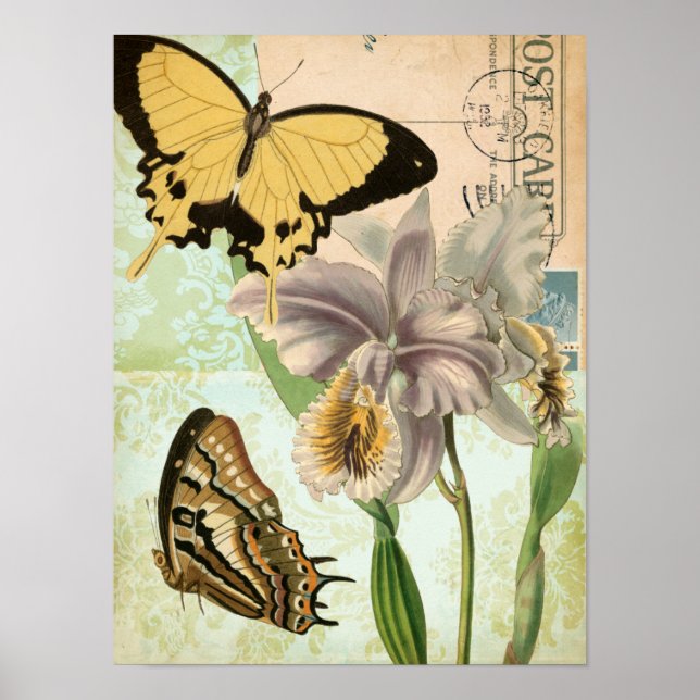 Poster Carte postale vintage avec papillons et fleurs (Devant)