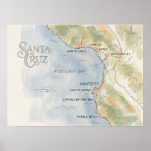 Poster Carte régionale de la baie de Monterey Californie