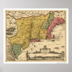 Poster Carte régionale de la Nouvelle Angleterre - 1685