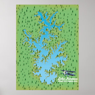 Poster Carte rétro du lac Norman Caroline du Sud