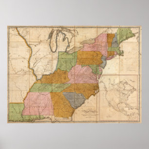 Poster Carte routière de la poste américaine 2 juin 1804