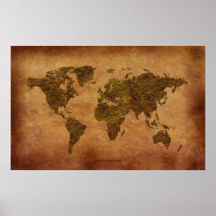 Poster Carte Rustique 3D World Map sur l'effet Parchemin