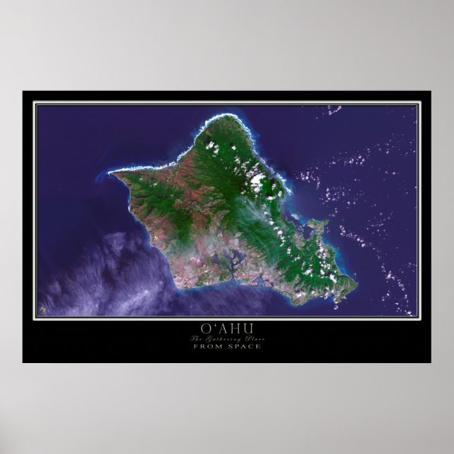 Poster Carte satellite de l'île Oahu Hawaii (Devant)