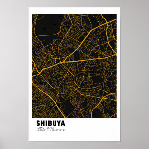 Poster Carte Shibuya - Tokyo Carte Noire Et Dorée