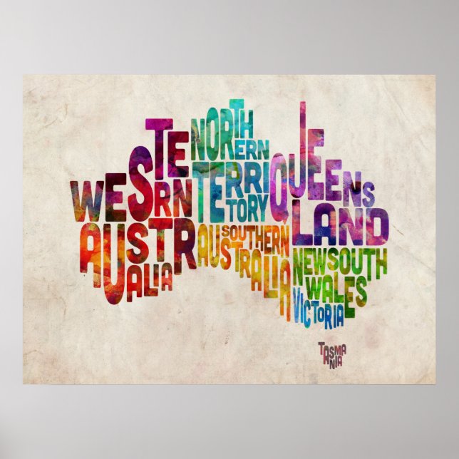 Poster Carte texte typographique Australie (Devant)