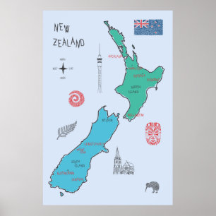 Poster Carte tirée par la main de la Nouvelle Zélande